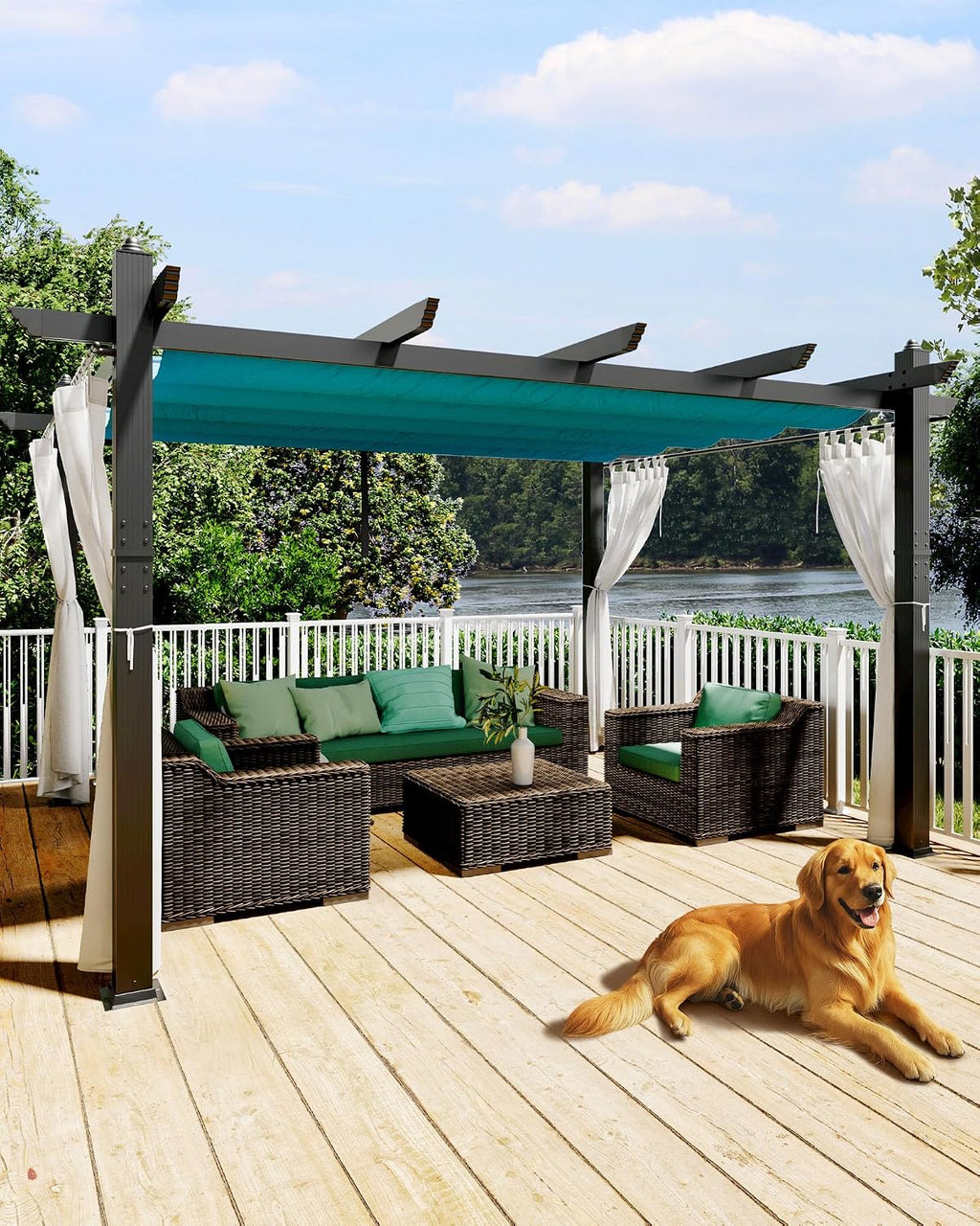 KYBOLT 10x13 Ft Outdoor Pergola with Retractable Canopy & Side Mesh Screen Patio Gazebo for Garden Backyard Deck Grape Trellis(Blue+White)