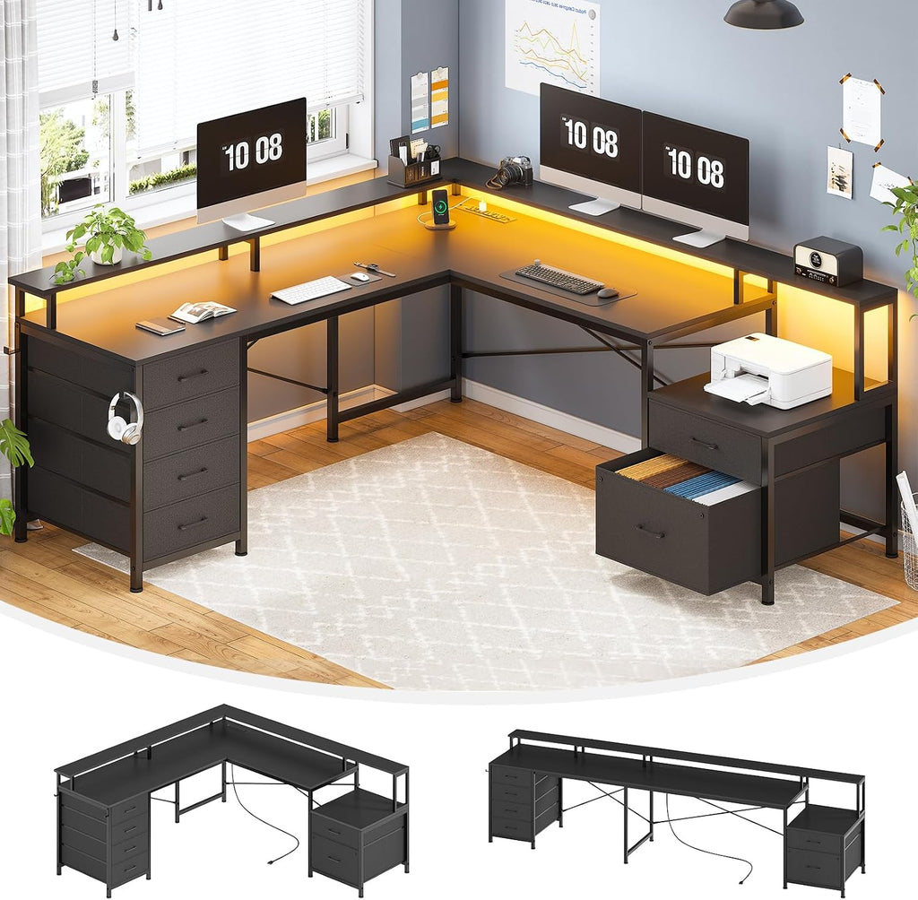 SEDETA L Shaped Desk with 6 Drawer, 108' Home Office Desk with File Drawer & Power Outlet, Corner Computer Desk with Monitor Shelf, File Cabinet, Two Person Desk, Gaming Desk with Led Lights, Black