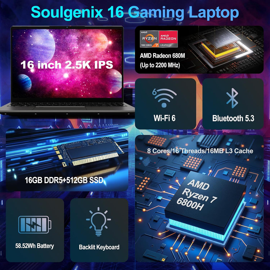 16' IPS 2.5K Gaming Laptop Computer, 8-Core AMD Ryzen 7 6800H Up to 4.7GHz, 16GB DDR5 512GB SSD, AMD Radeon 680M, Fingerprint, Backlit Keyboard, WiFi 6, Type-C, w/Lifetime MS Office, Windows 11 Pro