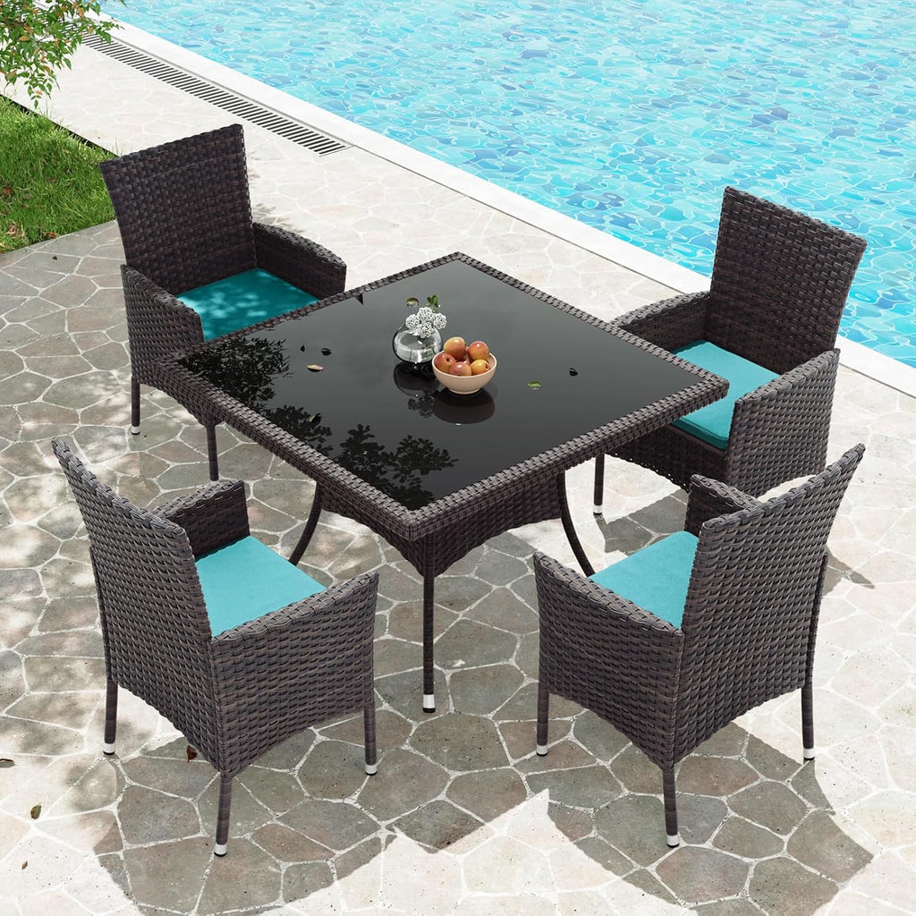 Gotland 15 Piece Outdoor Dining Set, All-Weather Rattan Patio Furniture Set with Umbrella Hole Tempered Glass Square Table, Outdoor Table and Chairs with Removable Cushions for Backyard, Deck Blue