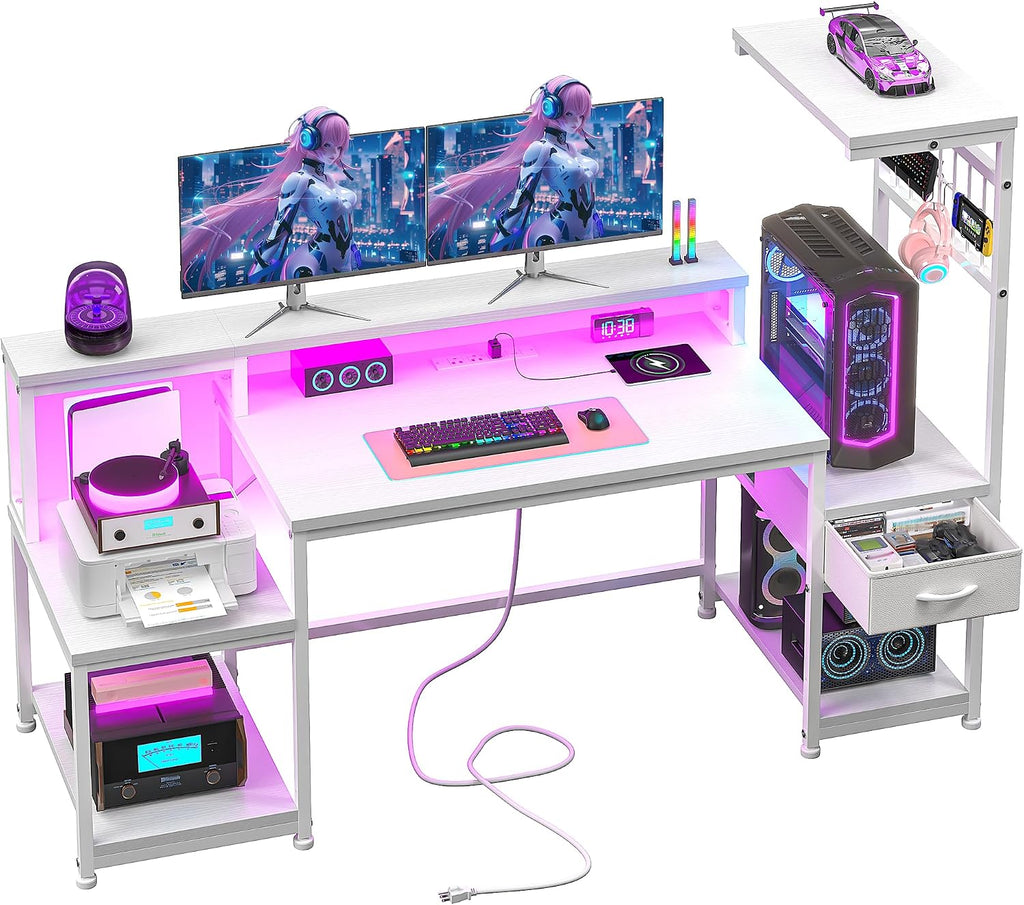 DurayLoly 55' Computer Desk with LED Lights & Outlets,Office Desk with Drawers & Monitor Stand,Gaming Desk with 3 Storage Shelves, Hooks& Printer Space for Game&Study Room,Home Office,Bedroom,White