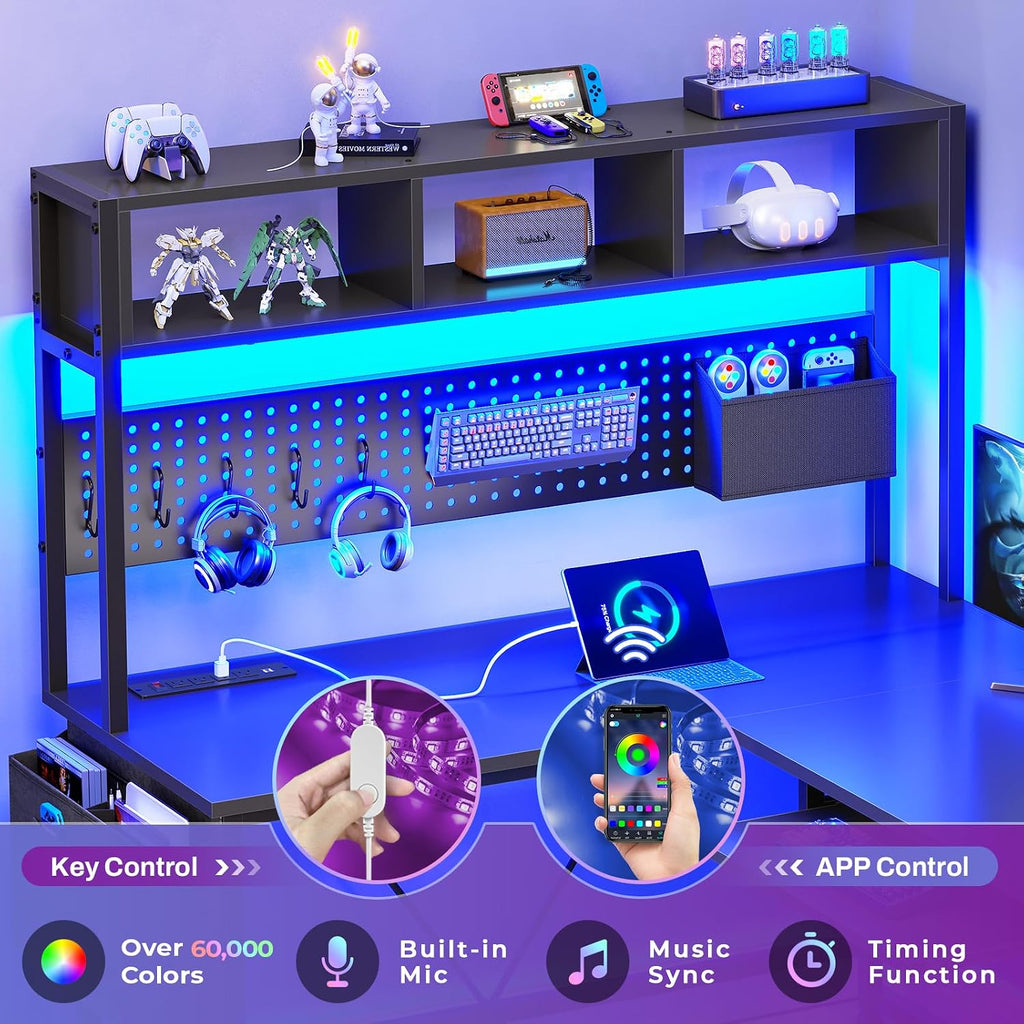 SEDETA L Shaped Gaming Desk with Hutch, 57.5' Reversible Corner Computer Desk with Storage Shelves, Gaming Desk with Pegboard, LED Lights, Power Outlet, Keyboard Tray and Storage Bag, Black
