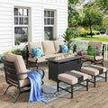 MFSTUDIO 6 Pieces Patio Furniture Sets with 45' Gas Fire Pit Table(Up to 7 Seat),Outdoor Metal Conversation Sofas with 1 x 3-Seat Sofa,2 Rocking Chairs and 2 Ottoman,Beige Cushion