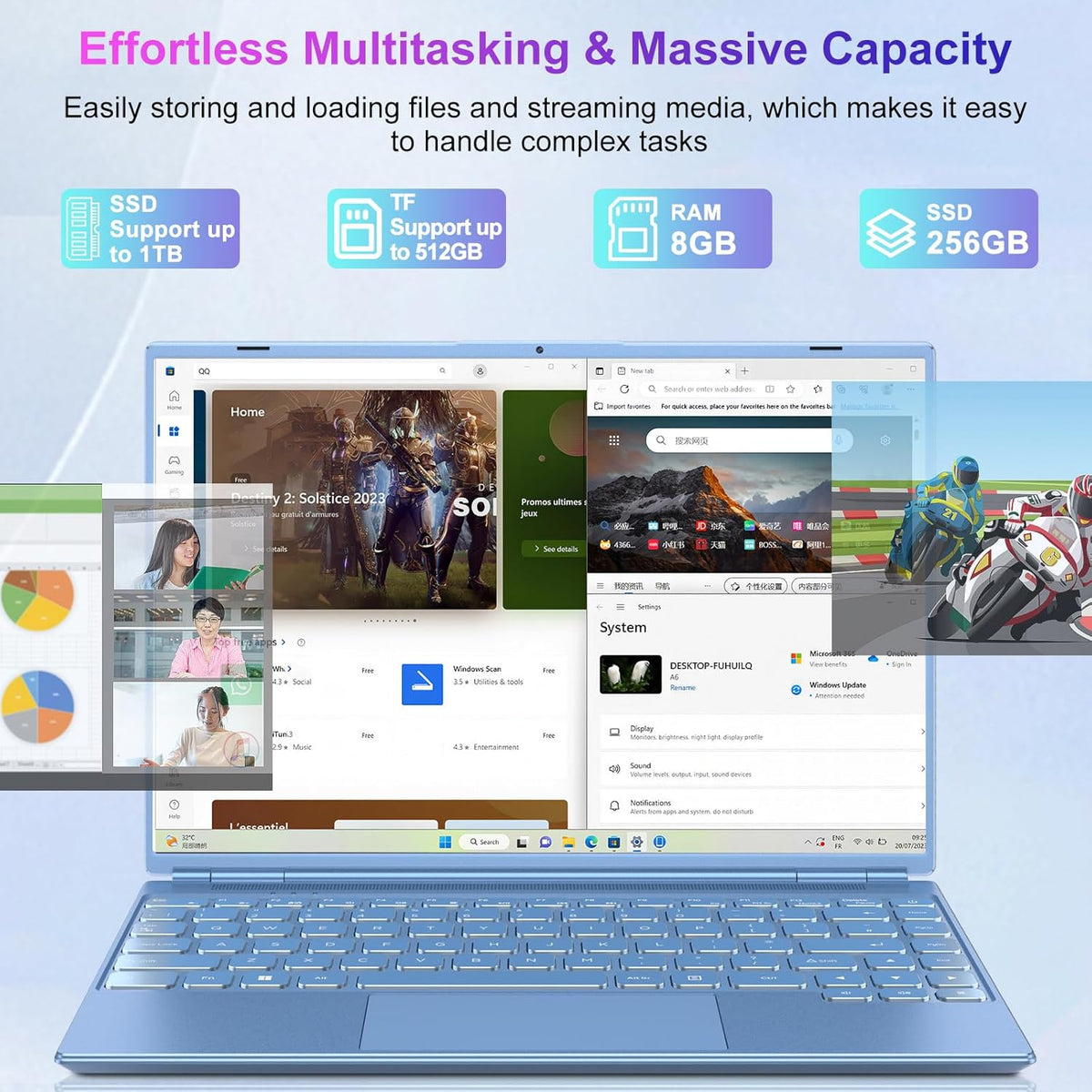 Laptop 14 Inch Celeron N5095 Up to 2.9Ghz, Win 11 Laptop with 8+256GB SSD Extension 1TB, Notebook Support 5G WiFi丨Bluetooth 4.2丨Cooling Fan丨1920*1200丨Mouse and Keyboard Protector-Blue