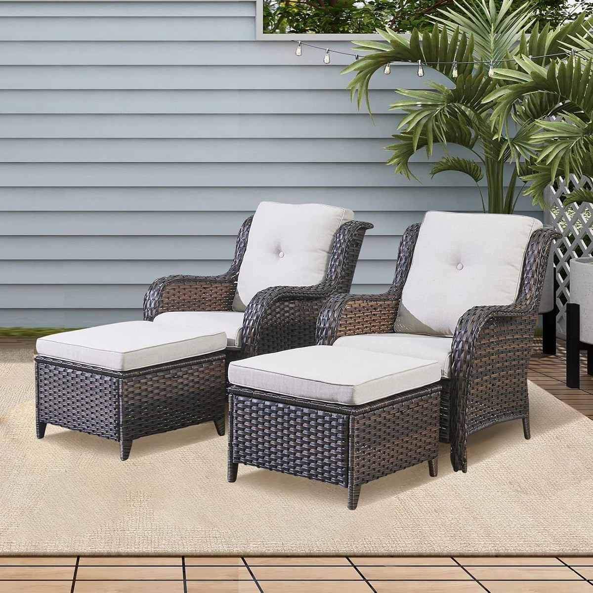 Rilyson Wicker Patio Furniture Set - 4 Piece Rattan Outdoor Sectional Conversation Sets with 2 Chairs and 2 Ottomans for Porch Deck Garden(Brown/Beige)