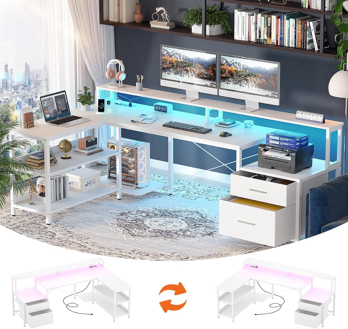 Aheaplus L Shaped Desk with File Drawer, 72.8' Reversible L Shaped Computer Desk with Power Outlet & LED Strip, Gaming Desk with Long Monitor Stand, Office Desk Corner Desk with Storage Shelf, White