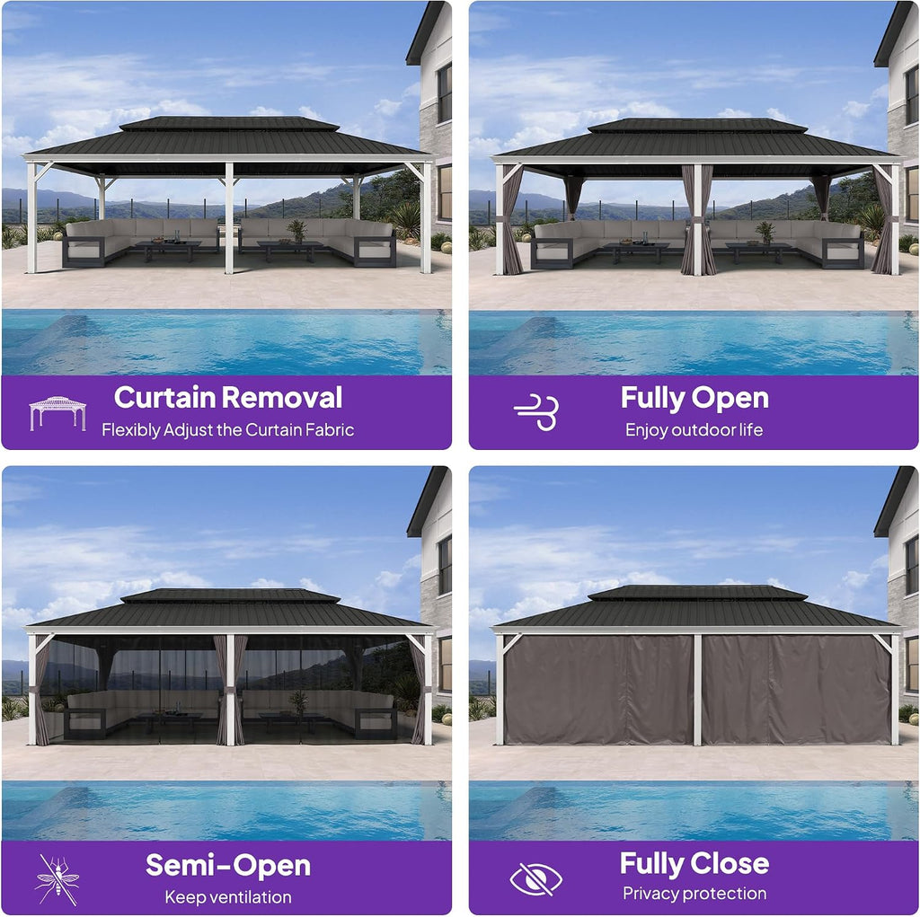 PURPLE LEAF 14' X 24' Hardtop Gazebo with Double Galvanized Steel Roof Awning and Upgrade Curtain for Patio Lawn and Garden, Grey