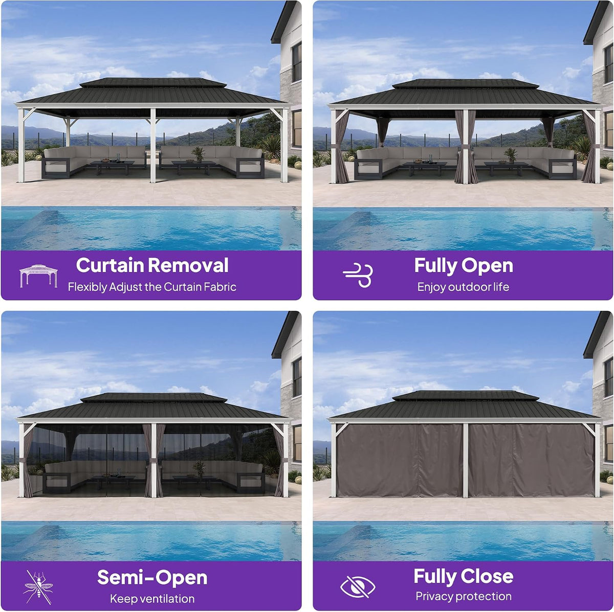 PURPLE LEAF 14' X 24' Hardtop Gazebo with Double Galvanized Steel Roof Awning and Upgrade Curtain for Patio Lawn and Garden, Grey