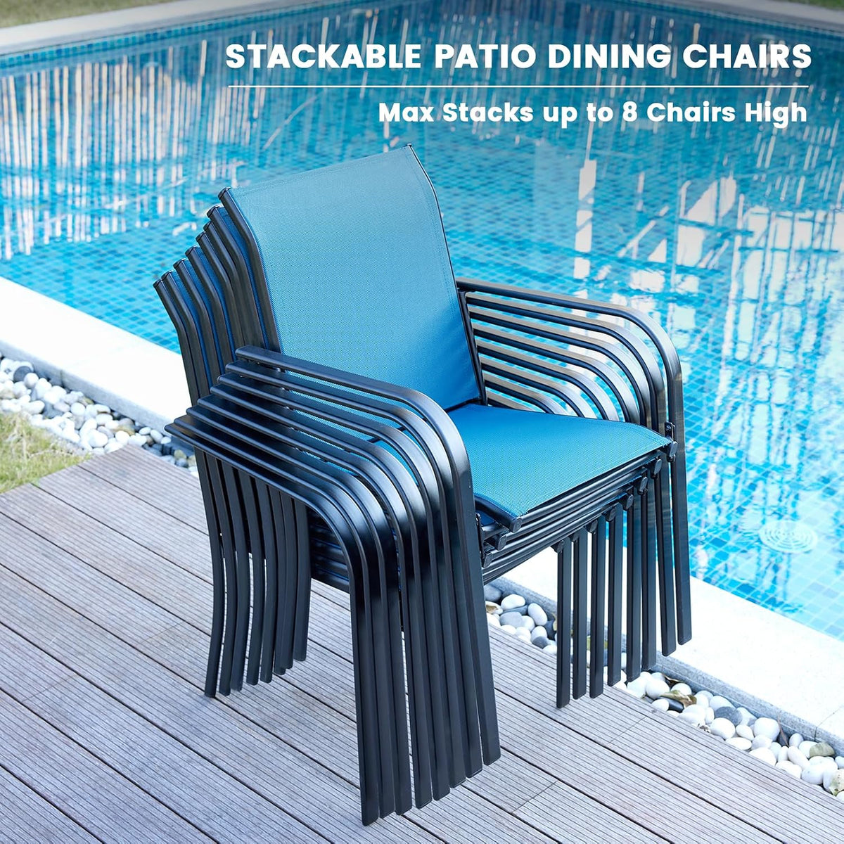 VICLLAX Round Outdoor Dining Set, Patio Table and Chairs Set Set of 4 Patio Stackable Chairs and 40.6' Outdoor Round Table with Umbrella Hole for Backyard Lawn Garden, Blue Chairs and Black Table