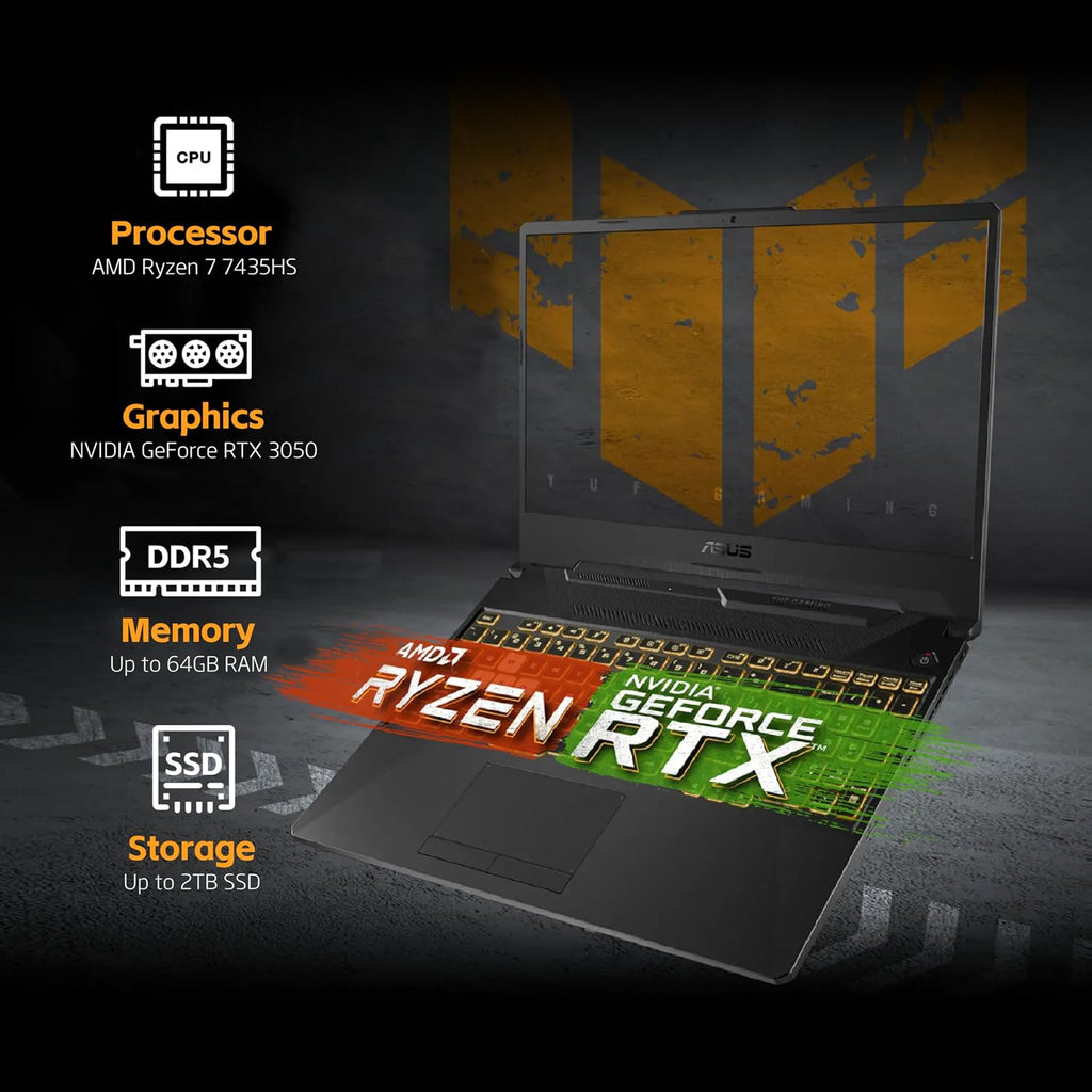 ASUS TUF A15 Gaming Laptop, AMD Ryzen 7 7435HS Processor, NVIDIA GeForce RTX 3050, 15.6 inch Full HD Display, 16GB DDR5 RAM, 512GB SSD, Backlit Keyboard, Windows 11 Home, Wi-Fi, Alpacatec Accessory