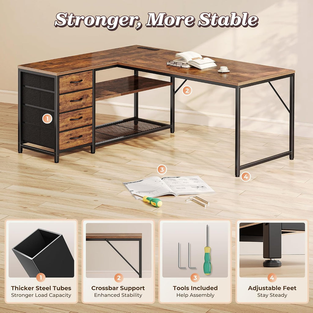 PRAISUN 53' L Shaped Desk with Power Outlets and USB-C Port, Reversible Computer Corner Office Desk with 4 Fabric Drawers and 2 Height-Adjustable Shelves, Large for Gaming Writing Study, Rustic Brown