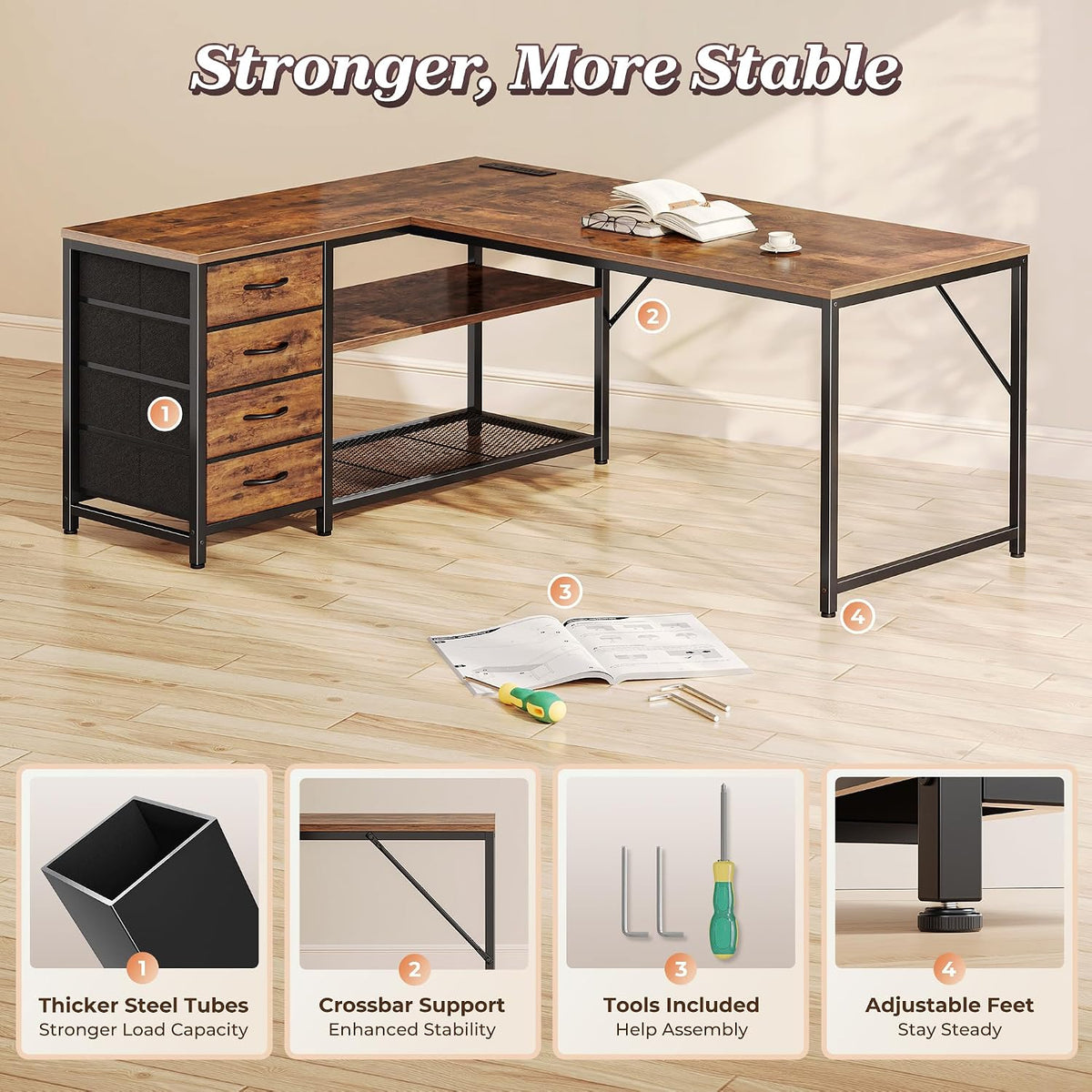 PRAISUN 53' L Shaped Desk with Power Outlets and USB-C Port, Reversible Computer Corner Office Desk with 4 Fabric Drawers and 2 Height-Adjustable Shelves, Large for Gaming Writing Study, Rustic Brown