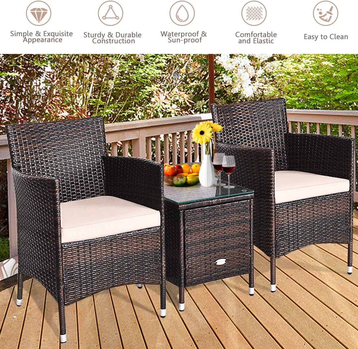 HAPPYGRILL 3 Piece Patio Set Wicker Rattan Furniture Set Outdoor Rattan Conversation Set with Coffee Table Chairs & Thick Cushions Bistro Sets for Patio Garden Lawn Backyard Pool