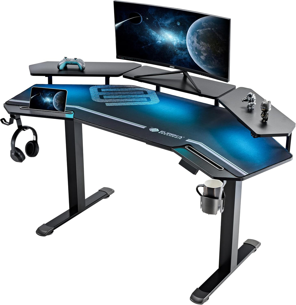 EUREKA ERGONOMIC Gaming Desk Adjustable Height Standing Desk 63' Wing Shaped Music Studio Table Workstation w Full Coverage Mousepad, 3 Stands, Dual Headphone/Cup Holder, Ipad-Slot