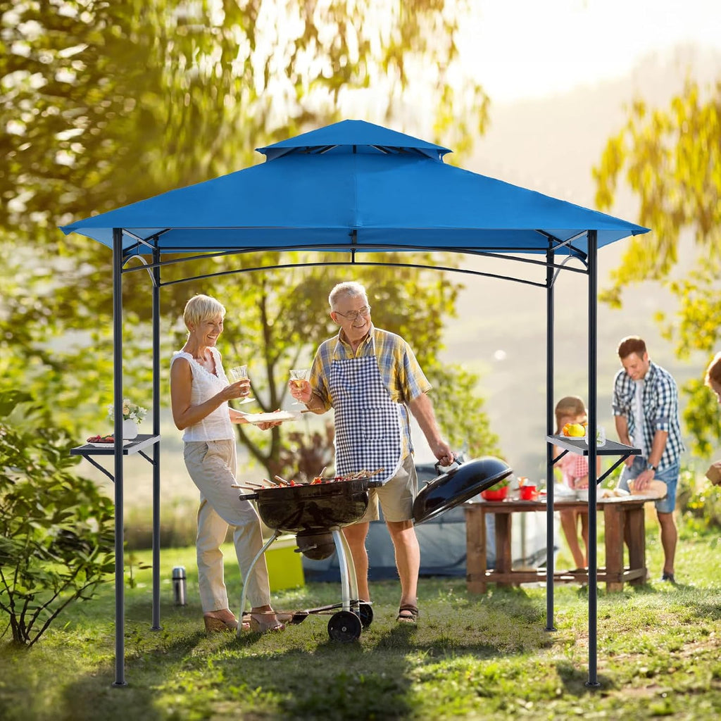 COBANA Grill Gazebo 8'x 5' Outdoor Patio Backyard BBQ Grill Shelter Double Tiered Soft Canopy Top with Steel Frame and Bar Counters, Blue