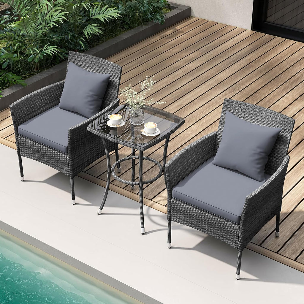 KOTEK 3 Pieces Patio Furniture Set, PE Rattan Outdoor Conversation Set with Tempered Glass Table & Soft Cushions, Wicker Bistro Set for Garden, Porch, Balcony (Grey)