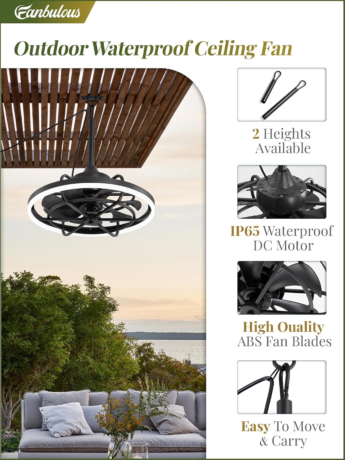 Fanbulous Outdoor Ceiling Fans with Light for Patios, 20' Weatherproof Plug in Ceiling Fan, Gazebo Fan Remote&APP Control, 3CCT Dimmable,Caged Ceiling Fan with Hanging Hook for Porch, Pergola,Canopy