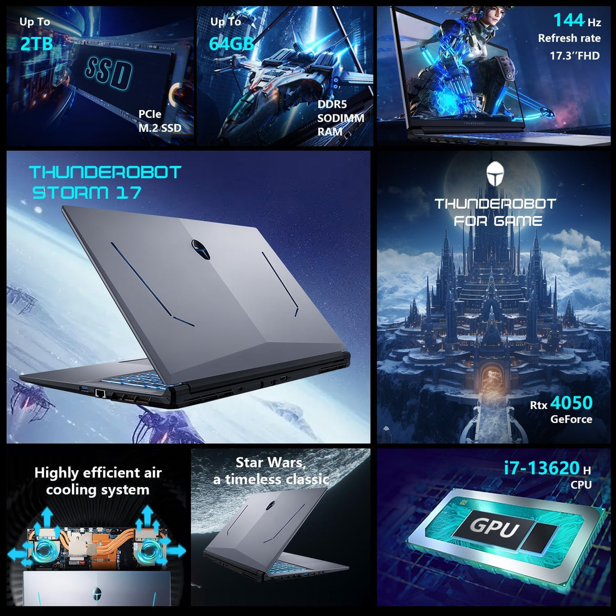 Thunderobot Storm 17 Gaming Laptop, 17.3' FHD 144Hz Display, Core i7-13620H, GeForce RTX 4050, 16GB DDR5 RAM, 512GB SSD, RGB Backlit Keyboard, HDMI, Wi-Fi, Win 11 Home