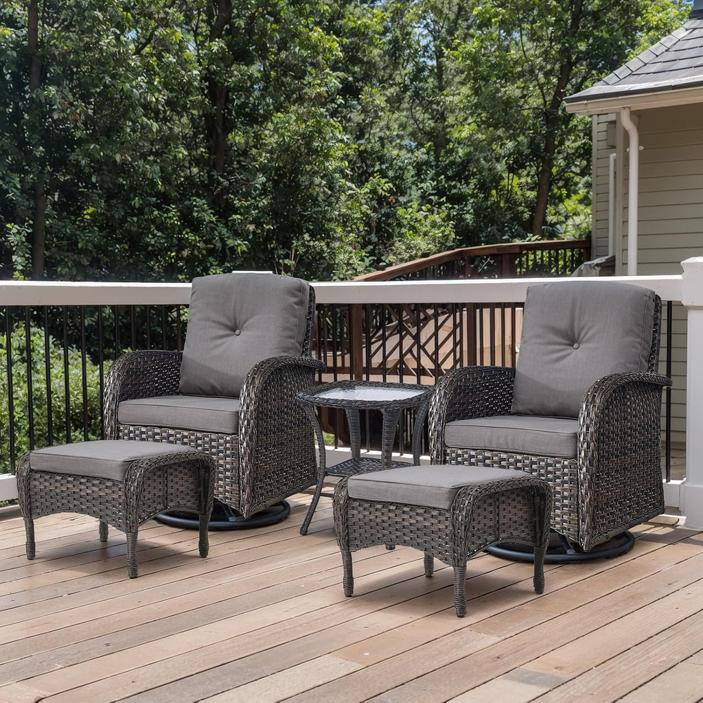 Outdoor Swivel Glider Rocker Chairs Set- 5 Piece Patio Furniture Set, Patio Bistro Sets with Tempered Glass Side Table and 2 Ottoman, for Balcony, Porch - Brown Wicker, Grey Cushion