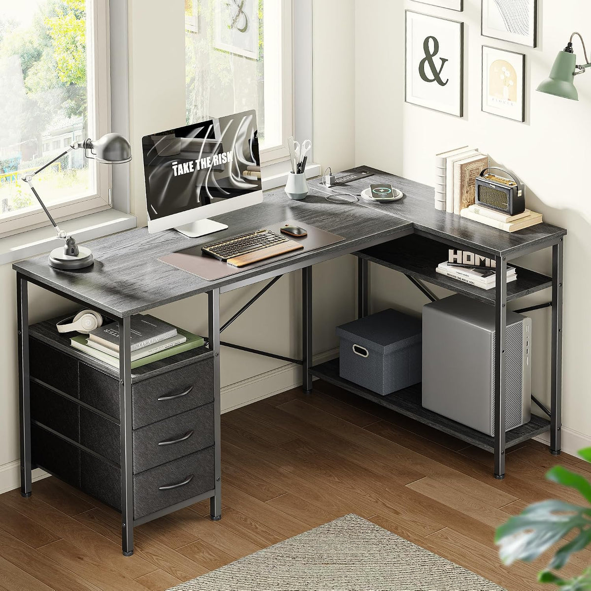 Huuger L Shaped Office Desk with Power Outlets, 47 Inch Computer Desk with 3 Drawers, Shelves, for Gaming, Corner Work, Home Office, Study, Grey