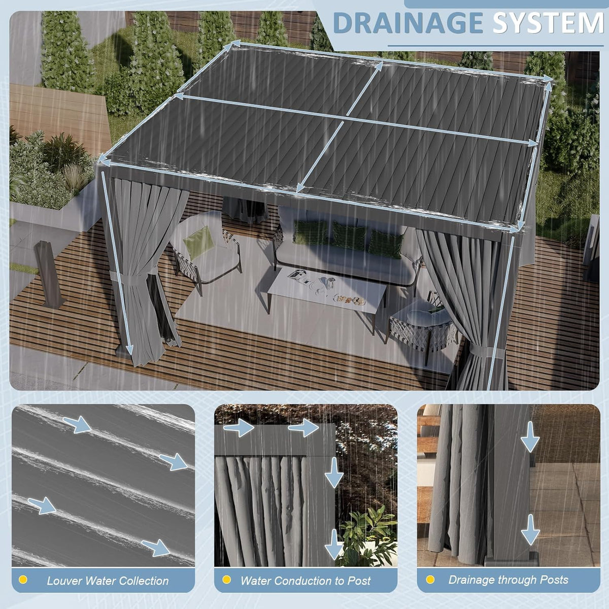 Aoxun Louvered Pergola 12' x 14' Outdoor Aluminum Pergola Adjustable Roof, with Waterproof Curtains and Nets, for Decks, Gardens, Gray