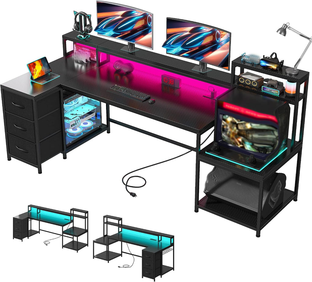 71' L Shaped Gaming Desk with 3 Drawers & Hutch,Computer Desk with Monitor Stand & Power Outlet,Home Office Desk Reversible Black Desk with LED Light,Printer Shelf for Home Office,Black Carbon Fiber