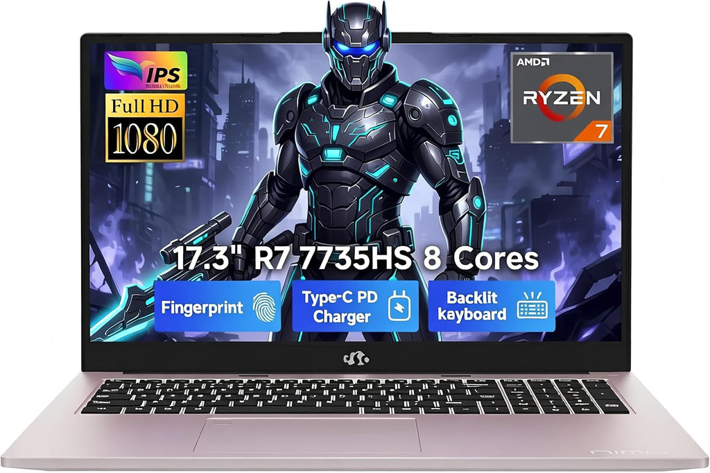 NIMO 17.3' FHD Gaming Laptop – AMD Ryzen 7 7735HS 8-Core/16-Thread, Radeon 680M Graphics, 16GB DDR5, 1TB NVMe SSD, Light Gaming & Esports Ready, Backlit Keyboard, Fingerprint Unlock, 100W PD Type-C