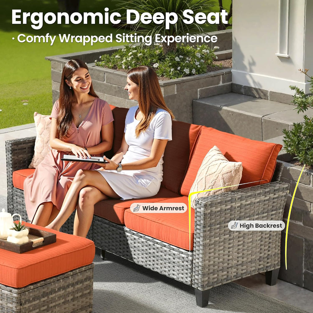 ovios 6 Pieces Patio Furniture Set with 30' Fire Pit Table, Outdoor Wicker Sofa with Comfy Cushions, All Weather High Back Rattan Couch Conversation Set, Orange Red