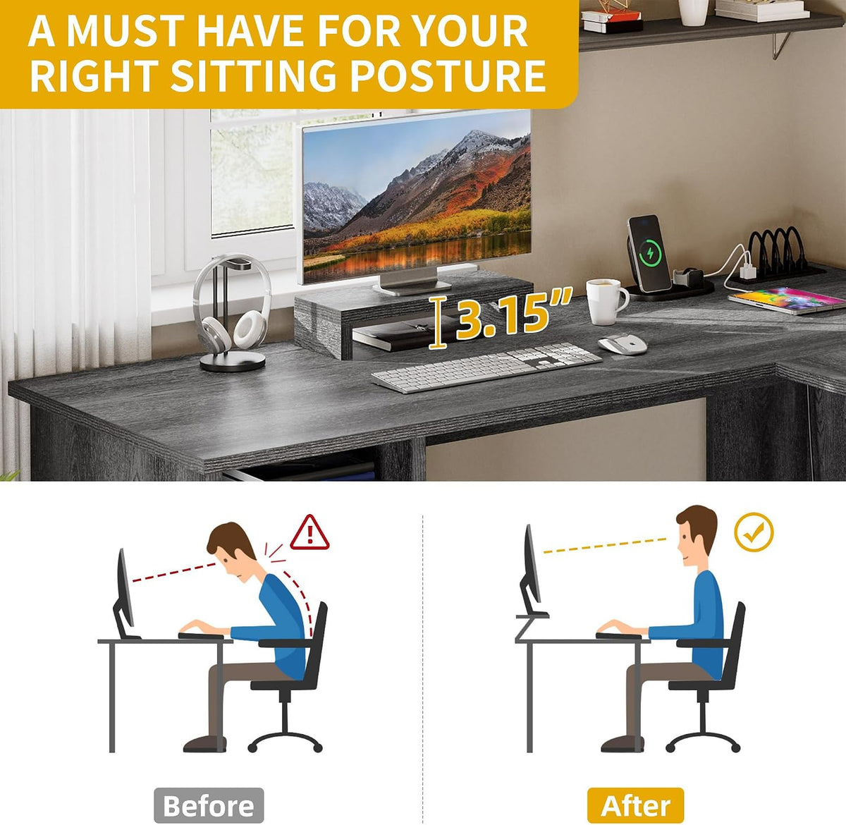 DWVO L Shaped Desk with File Drawer, 60' Corner Computer Desk with Power Outlets, Home Office Desk with Monitor Stand & Storage Shelves & File Cabinet, Grey