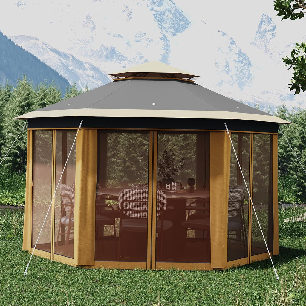 13' x 13' Pop-Up Gazebo, Hexagonal Canopy Shelter with 6 Zippered Mesh Netting, Event Tent with Strong Steel Frame for Backyard, Garden, Lawn, Khaki and Beige