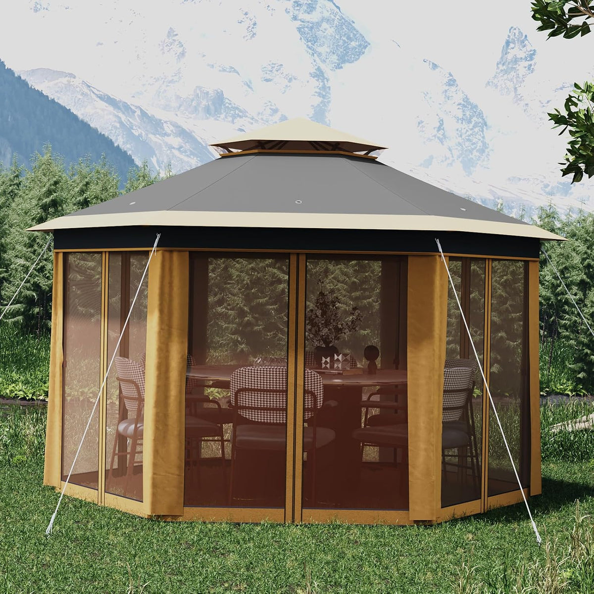 13' x 13' Pop-Up Gazebo, Hexagonal Canopy Shelter with 6 Zippered Mesh Netting, Event Tent with Strong Steel Frame for Backyard, Garden, Lawn, Khaki and Beige