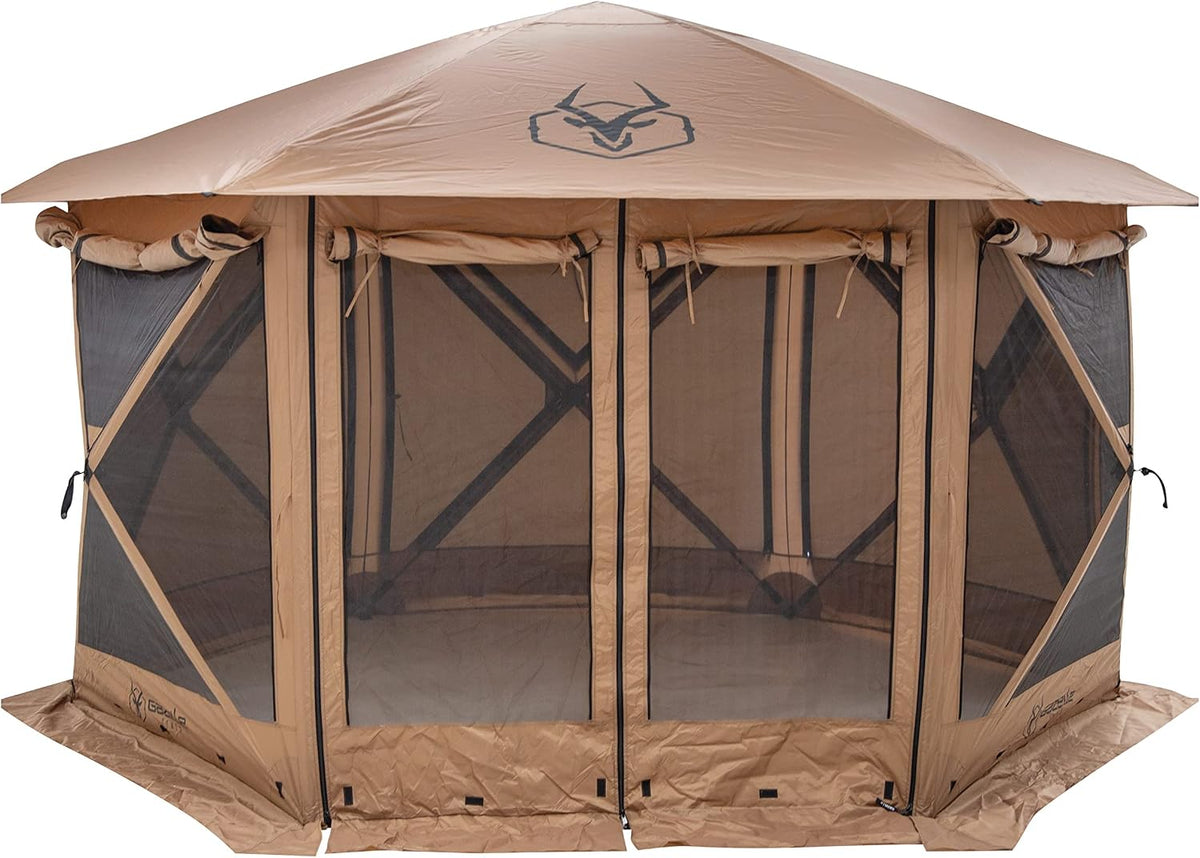 Gazelle Tents™ G6 Cool Top 6-Sided Portable Gazebo, Easy Pop-Up Hub Screen Tent, Waterproof, UV Resistant, 8-Person & Table, Badlands Brown, 91' x 139' x 123', GG620BR