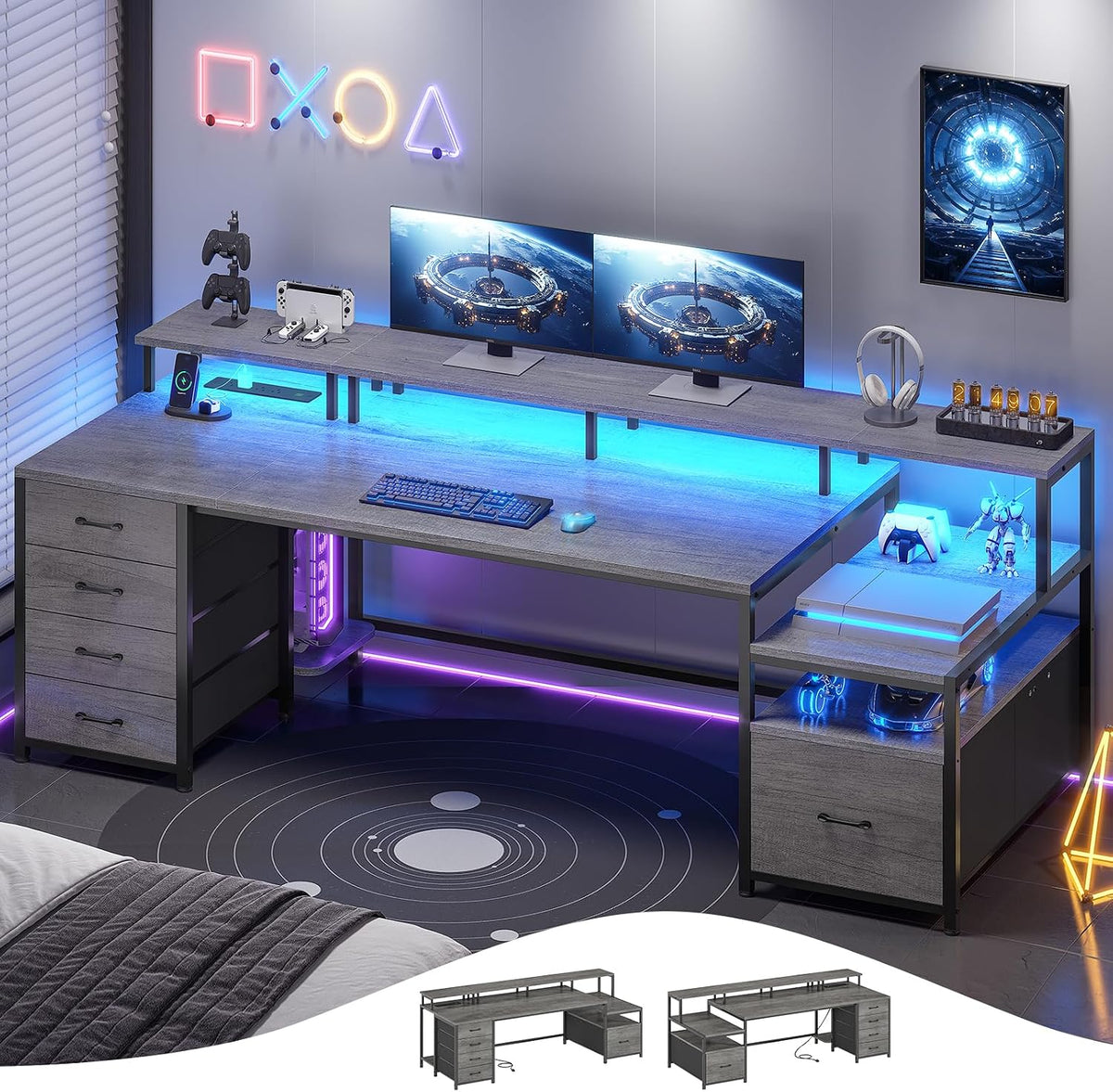 SEDETA 75'' Computer Desk with 5 Drawer, Power Outlet & Led Lights, Home Office Desk with File Drawer, Storage Shelves, Printer Cabinet and Monitor Shelf, 23.6' W Large Desktop Gaming Desk, Grey