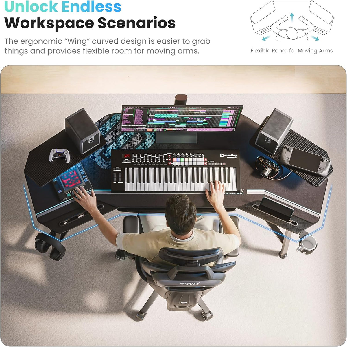 EUREKA ERGONOMIC Aero 72 Inch Gaming Desk with Keyboard Tray, Large Computer Desk Led Lights, Wing-Shaped Monitor Stand Dual Headphone Hanger Cup Holder for Studio,Streamer,Live,Black