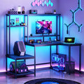 DurayLoly Gaming Desk with LED Lights & Outlets,55' L Shaped Computer Desk with Shelves & Storage Hutch,Reversible Corner Gaming Table with Printer Space & Monitor Stand for Home Office,Black
