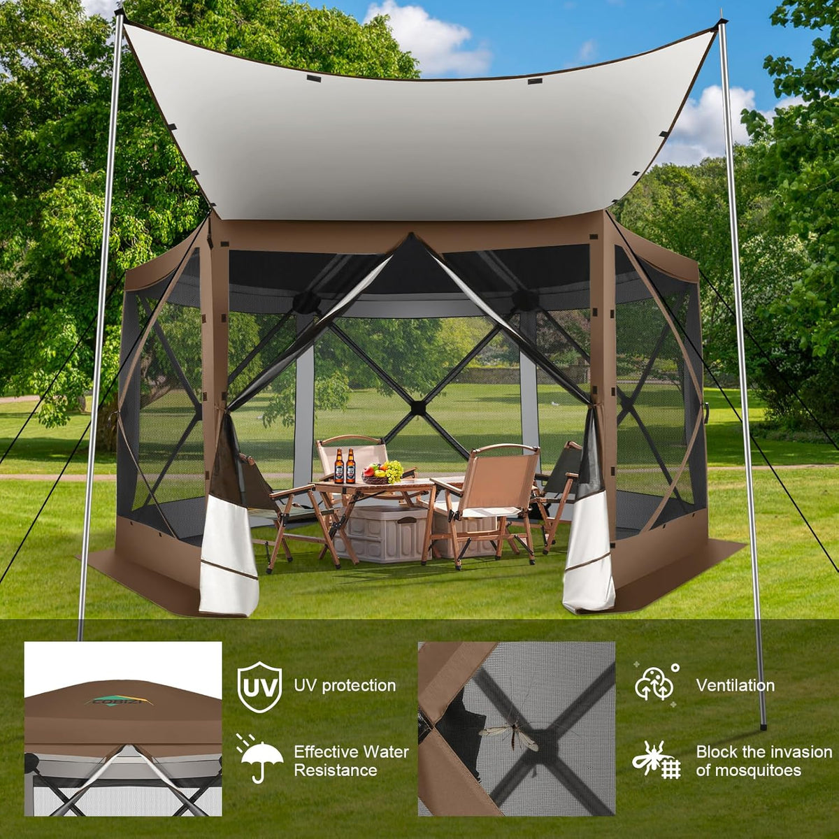 COBIZI 12x12 FT Pop Up Canopy Extendable Tent, Gazebos On Clearance, Screened in Gazebo,Screen Tents Portable carpas para Patio for Outdoor Camping,Backyard, Garden, Brown(Upgraded)