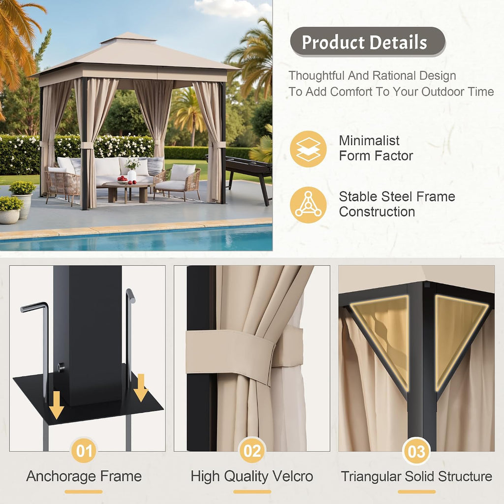 Devoko Outdoor Gazebo for Patio 8'x 8' Heavy Duty Metal Frame Canopy with Expansion Bolts & Double Roofs, Party Tent & Shelter with Mosquito Nettings and Privacy Screen for Backyard, Garden (Khaki)