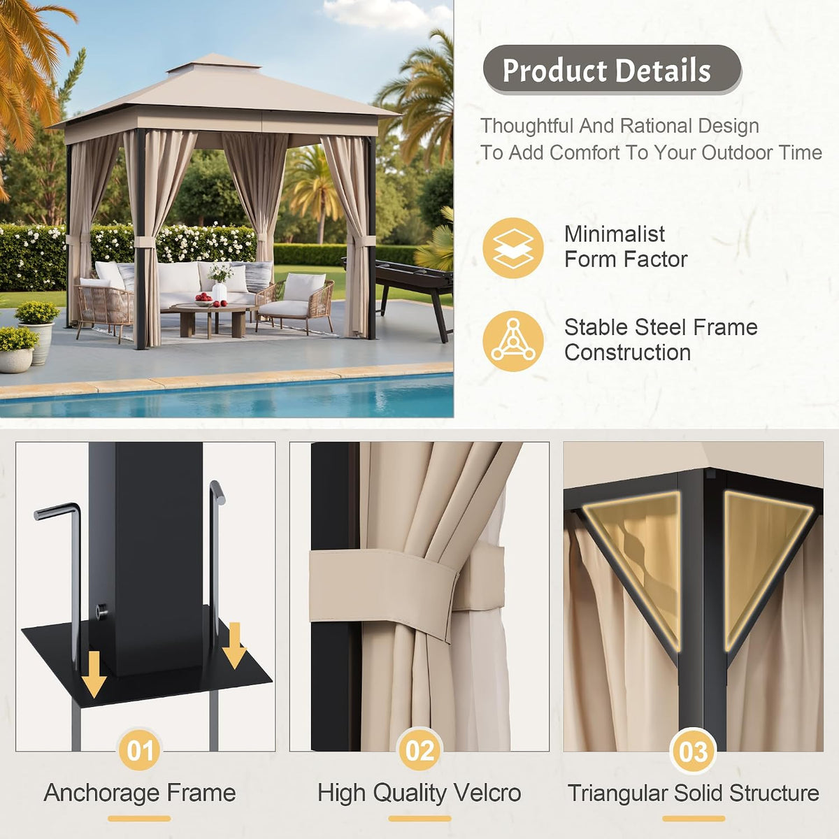 Devoko Outdoor Gazebo for Patio 8'x 8' Heavy Duty Metal Frame Canopy with Expansion Bolts & Double Roofs, Party Tent & Shelter with Mosquito Nettings and Privacy Screen for Backyard, Garden (Khaki)