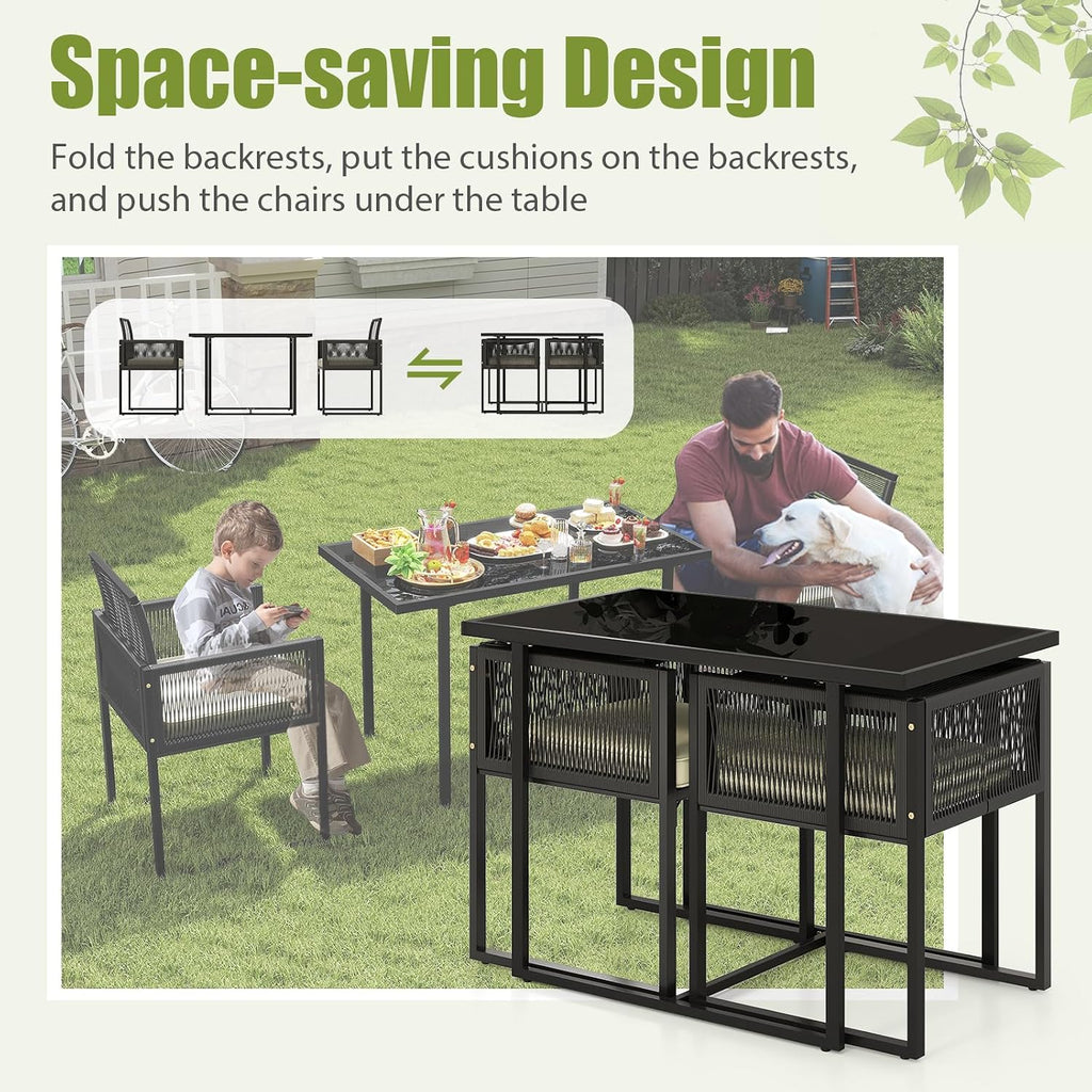 DORTALA Wicker Outdoor Bistro Set 3 Piece, Small Patio Furniture Dining Set with with Cushions, Tempered Glass Tabletop, All- Weather Table and Chairs for Backyard, Balcony, Poolside, Black+White