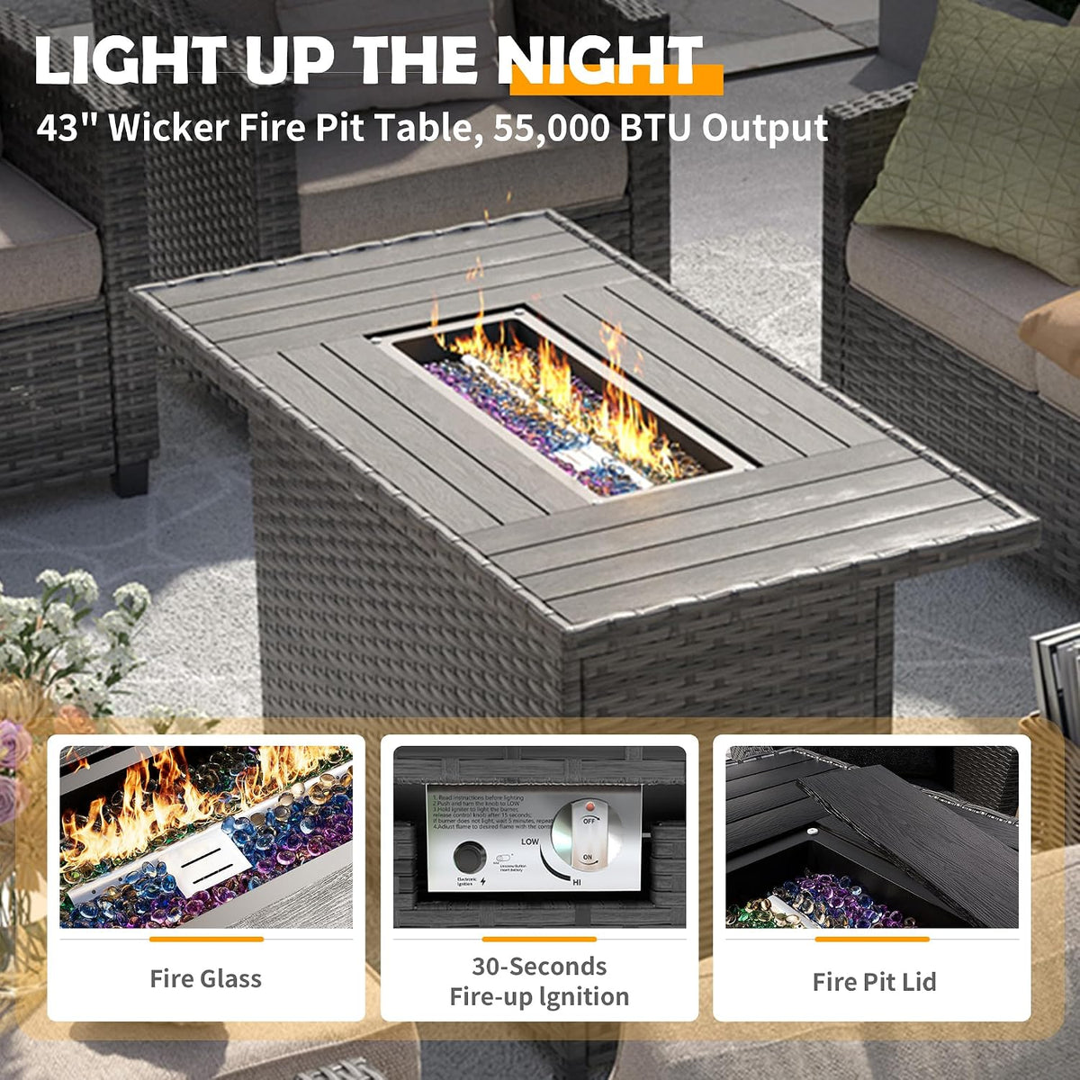 UDPATIO Patio Furniture Set with 44' Fire Pit Table, 6 Pieces Outdoor Sectional Conversation Sets, All-Weather Wicker Rattan Sofa Ottoman with 4' Thick Cushion for Garden Backyard Deck, Khaki