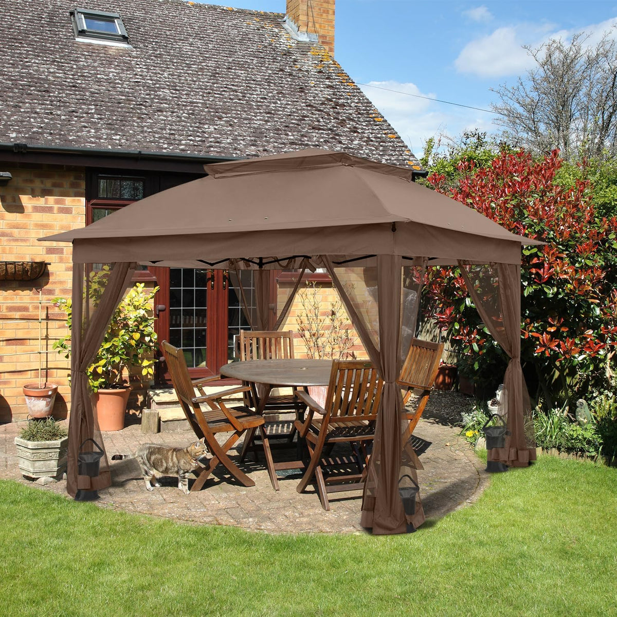 COOS BAY 11x11 Pop Up Gazebo with Mesh Netting, Instant Outdoor Canopy Tent, Water Resistant Shelter with UPF 50+ UV Protection, 121 Sq Ft Coverage, Brown
