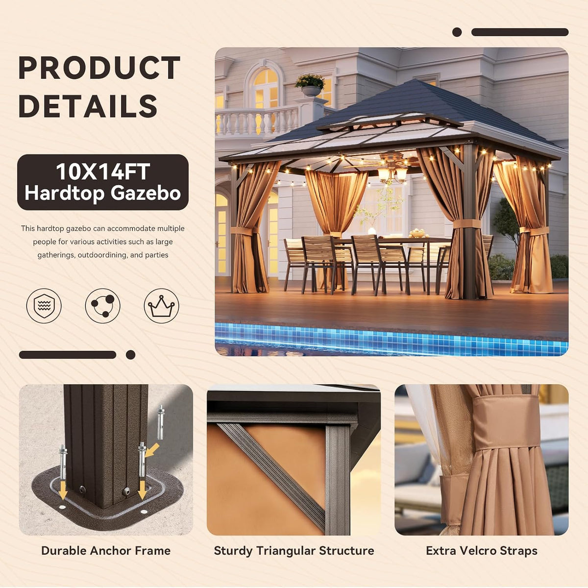 Aoxun 10'x14' Hardtop Gazebo, Outdoor Metal Gazebo with Double Polycarbonate Roof Canopy, Permanent Pavilion with Netting and Curtains for Lawn, Garden, Patio (Khaki)