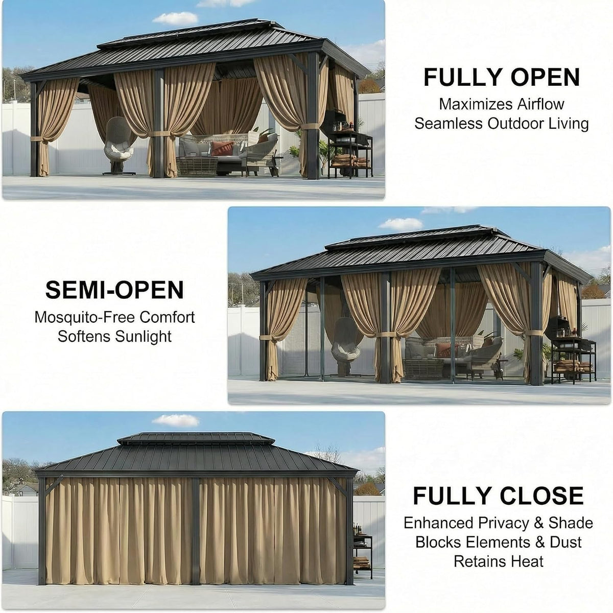 HOTEEL 12x20 Gazebo on Clearance with Metal Roof & Drainage System, Heavy Duty Hardtop Gazebo with Flame-Retardant Curtain & Netting, Outdoor Gazebos with Galvanized Steel Double Roof for Patio, Party