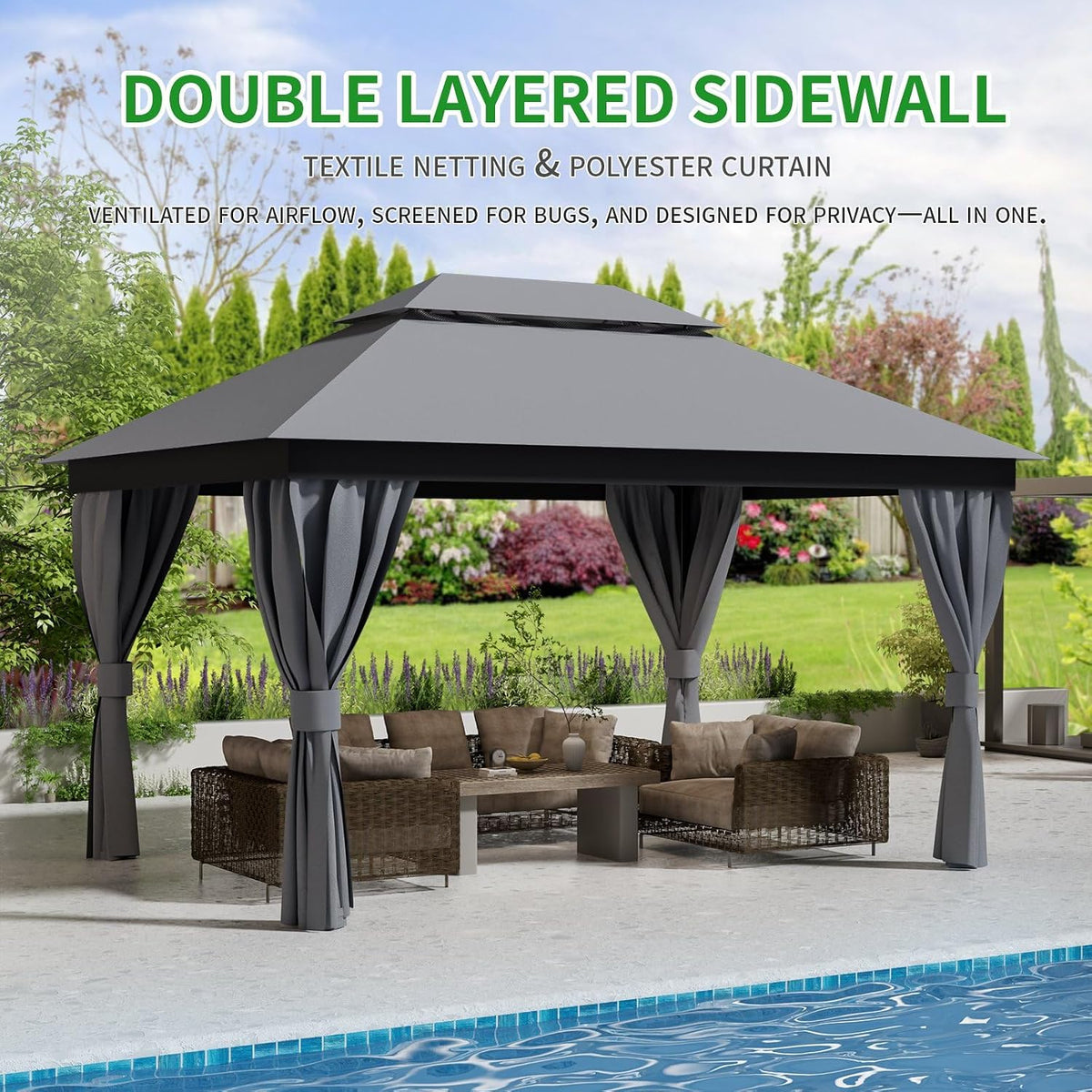 Outdoor Gazebo for Patio 10'x13' - Heavy Duty Steel Frame Canopy Party Tent Shelter with Double Roofs, Mosquito Net and Privacy Curtains for Backyard Garden Lawn (Gray, 10x13)
