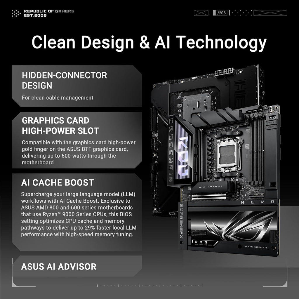 ROG Crosshair X870E Hero BTF AMD ATX Board with Hidden-Connector Design & high-Power GPU Slot for Clean Cable Management, 18+2+2 Power, DDR5, WiFi 7, 5X M.2, PCIe 5.0, USB4, Advanced AI PC Ready