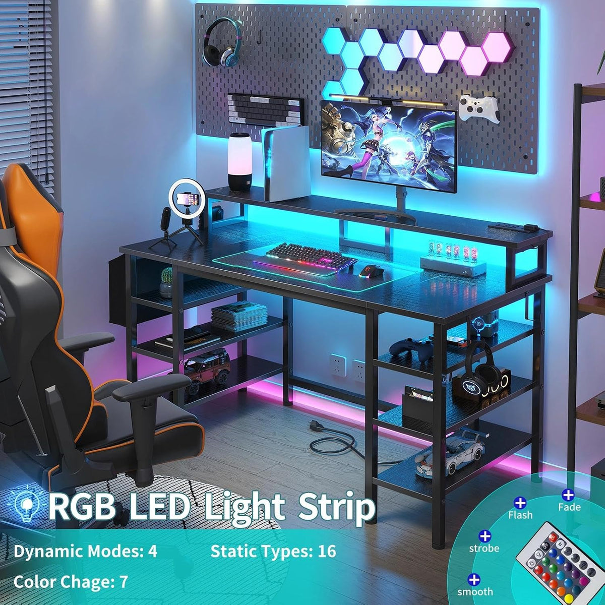 Lufeiya Gaming Desk with LED Lights and Storage Shelves, 47 inch Computer Desk with Power Outlets, Home Office Desk with Monitor Stand, Writing Table PC Desks, Black
