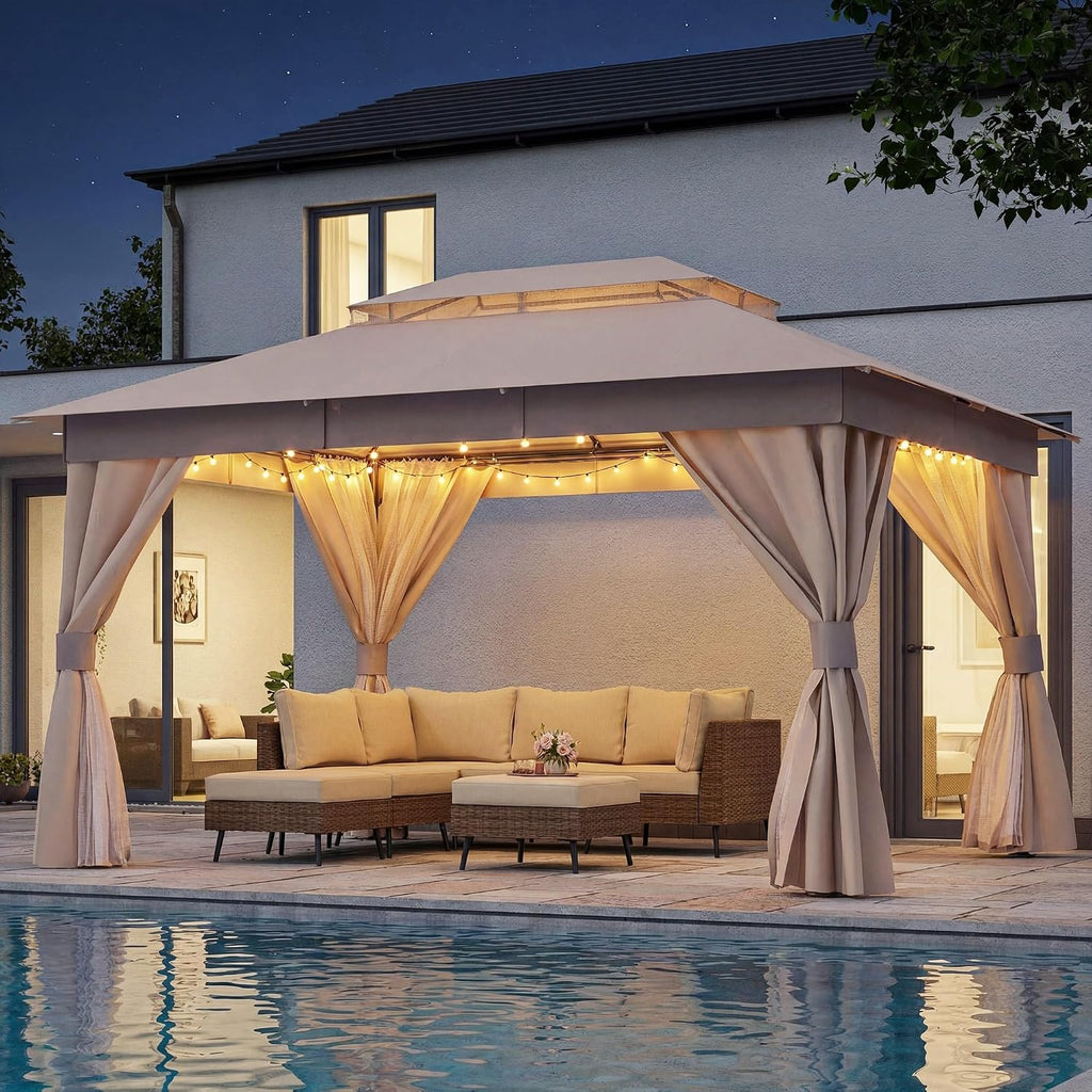 LAUSAINT HOME 10'x13' Outdoor Gazebo with 50FT String Lights, Metal Heavy Duty Patio Canopy Tent with Double Roofs, Mosquito Nettings and Privacy Screens for Backyard, Garden, Lawn, Khaki
