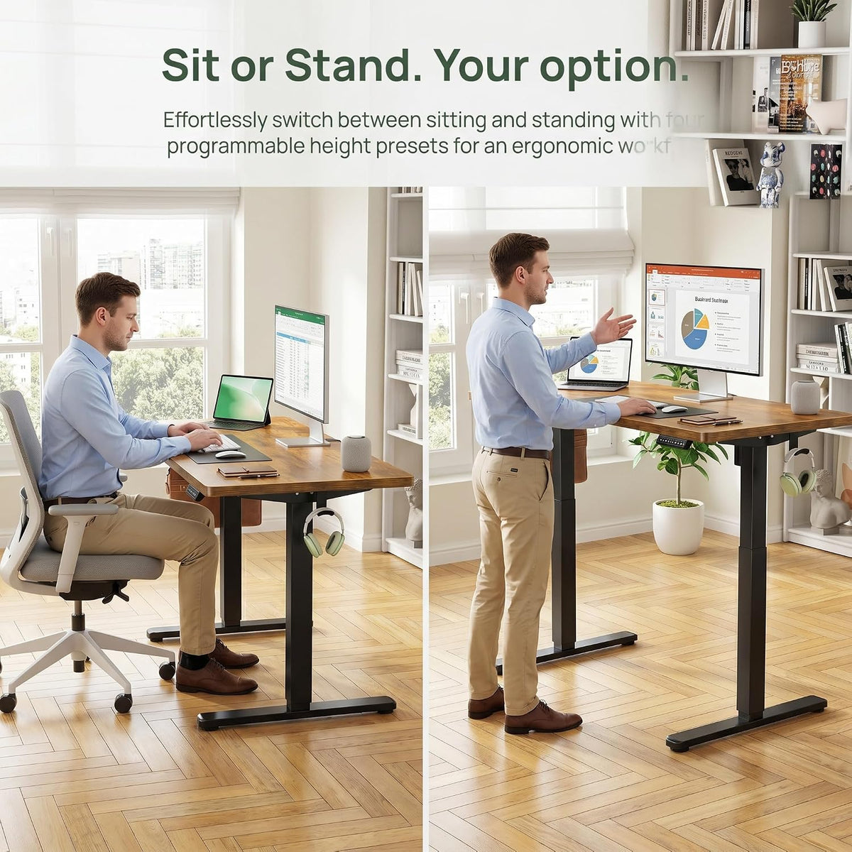 Marsail Electric Standing Desk with One-Piece Desktop,55 x 30 inch Height Adjustable Office Gaming Computer Desk with Deeper Tabletop,Home Office Stand up Desk with 4 Memory Presets, 2 Packages