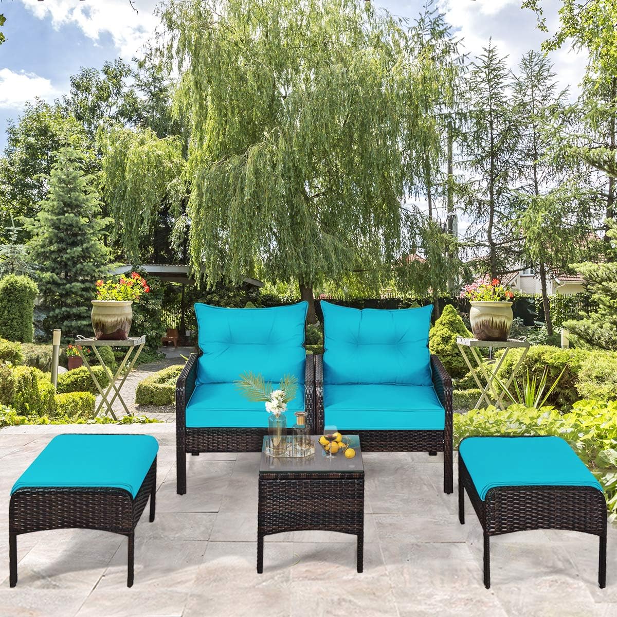 HAPPYGRILL 5-Pieces Patio Furniture Set Outdoor Rattan Wicker Conversation Set with Coffee Table Cushioned Sofas and Ottoman Chat Set for Garden Backyard
