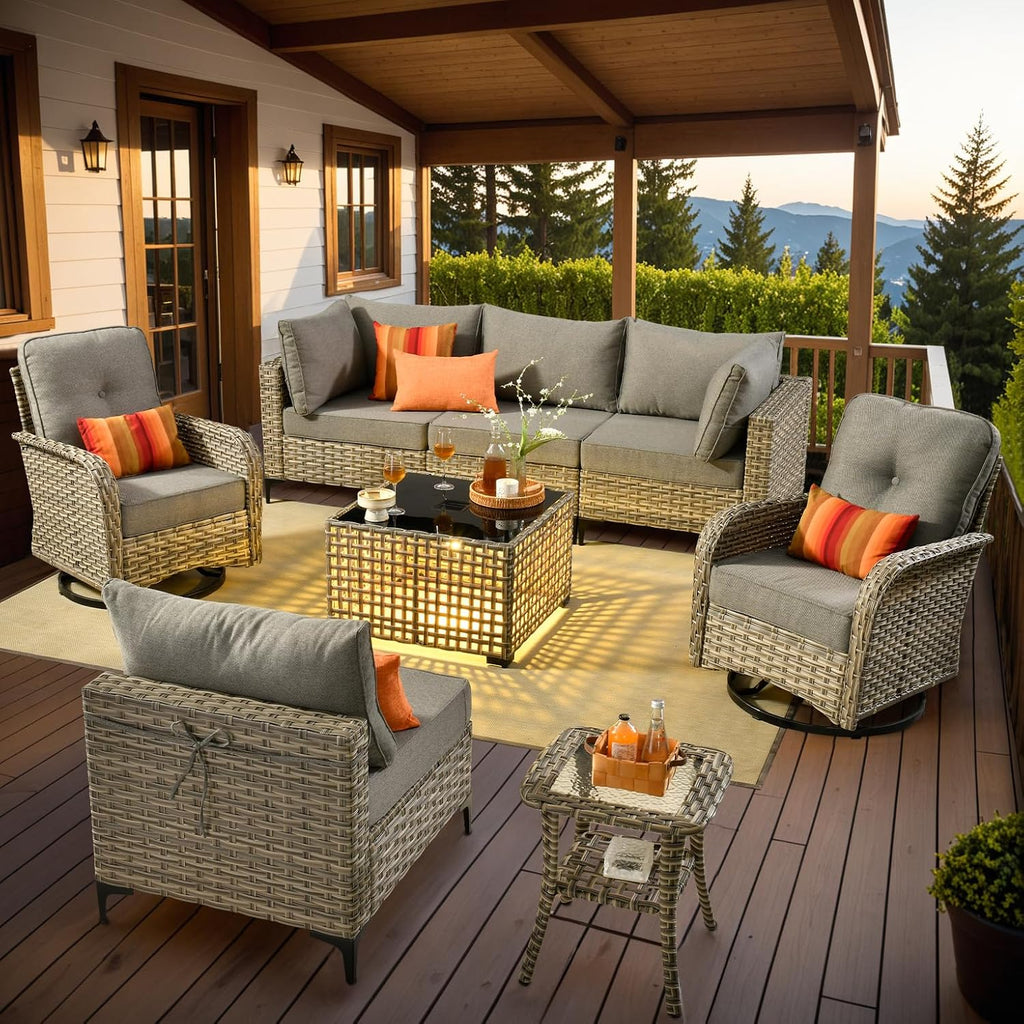 Outdoor Sectional Patio Furniture Set with Swivel Rocking Chairs and Glowing Table,8 Pieces Wicker Conversation Sets L Shaped Couch Out Door Sofa Outside Furniture for Garden Deck Yard Porch,Dark Grey